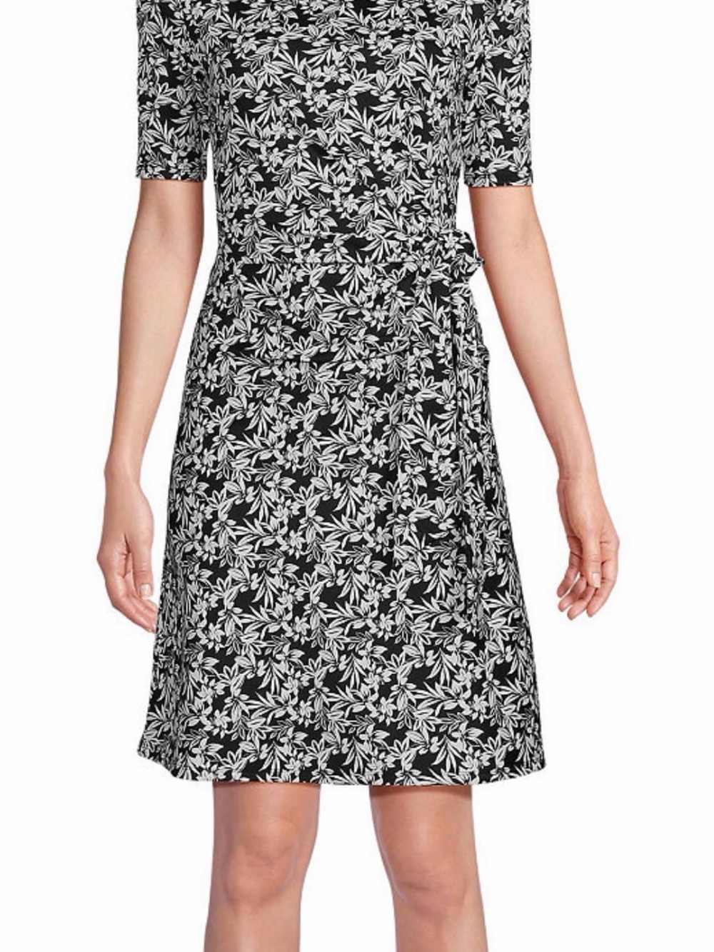 Lands' End Black & White Floral Side-Tie Mini Dress